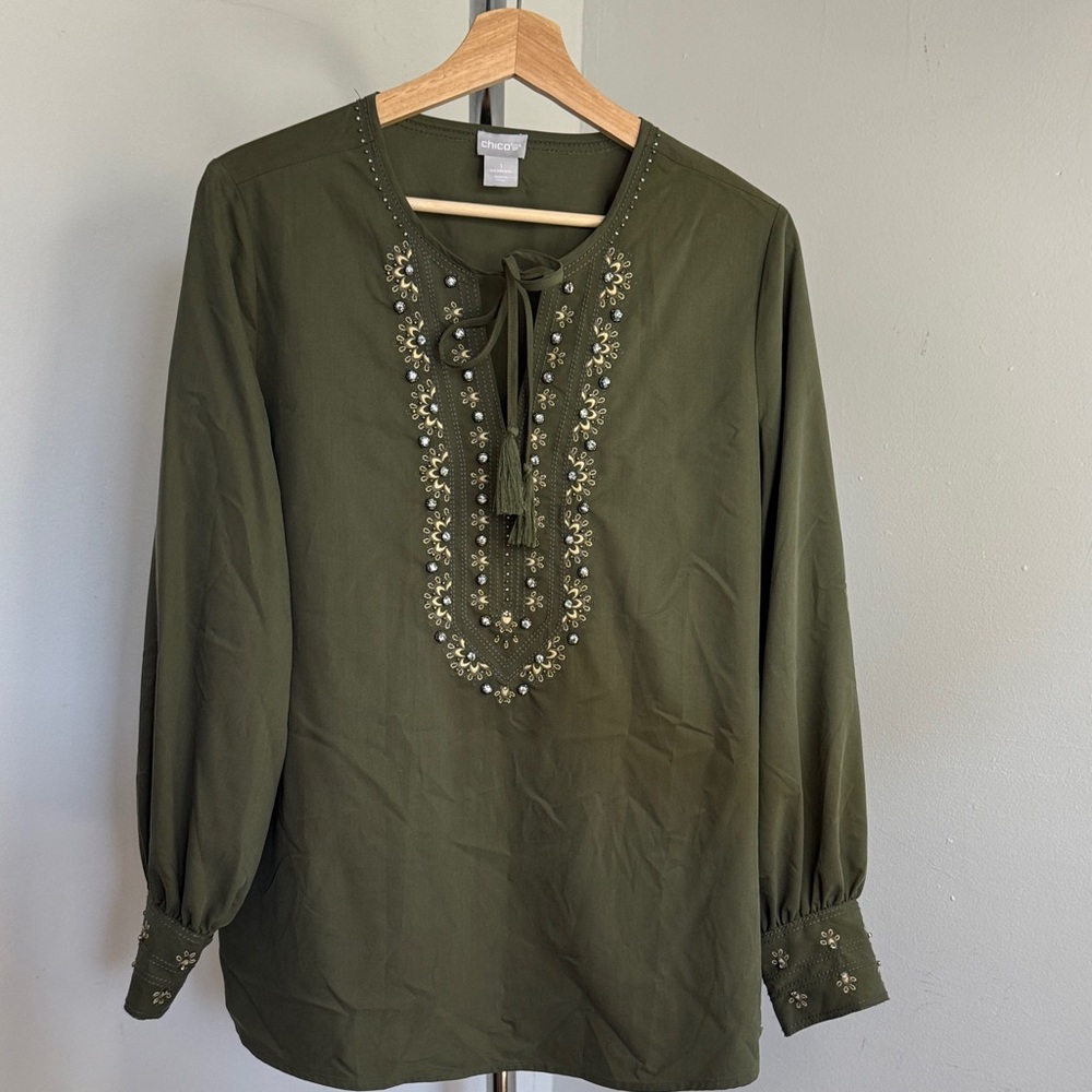 Chico”s Coldwater Creek Olive Embroidered Blouse size 1X